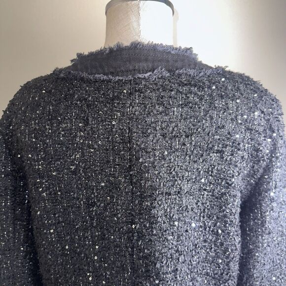 NWT Nanette Lepore Black Sequined Boucle’ Frayed Denim Trim Jacket Tweed Blazer - Picture 10 of 12